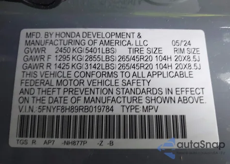 2024 Honda Passport Awd Black from USA, damaged, VIN 5FNYF8H89RB019784